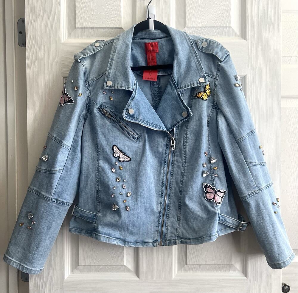 V CRISTINA Women's Butterfly Applique Rhinestone Denim Jean Moto Jacket XL NWT